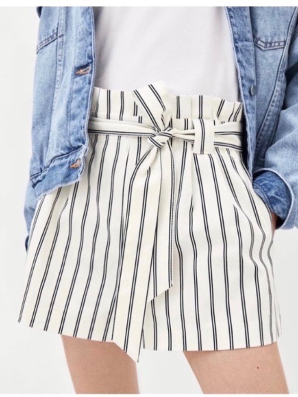 Zara TRF Navy & White Striped Paper Bag Shorts